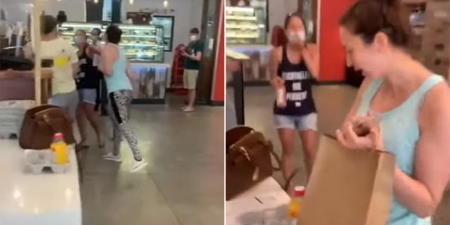 In the video, the maskless woman is seen yelling at a fellow patron before intentionally coughing on her.