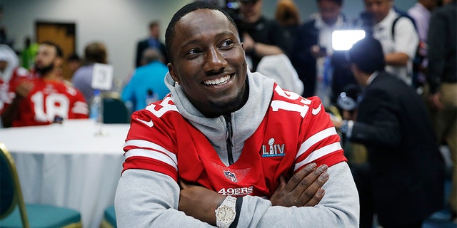 Deebo Samuel # 19 of the San Francisco 49ers speaks to the media during the San Francisco 49ers media availability ahead of Super Bowl LIFE at the James L. Knight Center on January 29, 2020 in Miami, Florida.