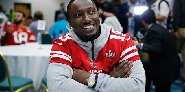 Deebo Samuel # 19 of the San Francisco 49ers speaks to the media during the San Francisco 49ers media availability ahead of Super Bowl LIFE at the James L. Knight Center on January 29, 2020 in Miami, Florida.