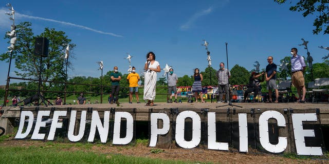 Alondra Cano, a City Council member, speaks during "The Path Forward" meeting at Powderhorn Park on Sunday, June 7, 2020, in Minneapolis. The focus of the meeting was the defunding of the Minneapolis Police Department. (Jerry Holt/Star Tribune via AP)