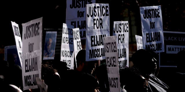 ​​​​​​​Demonstrators gather for a news conference Nov. 23, 2019, at the Aurora Municipal Center after the police department released the body camera footage of Elijah McClain, who died after being stopped by three Aurora officers in August 2019. (Associated Press)