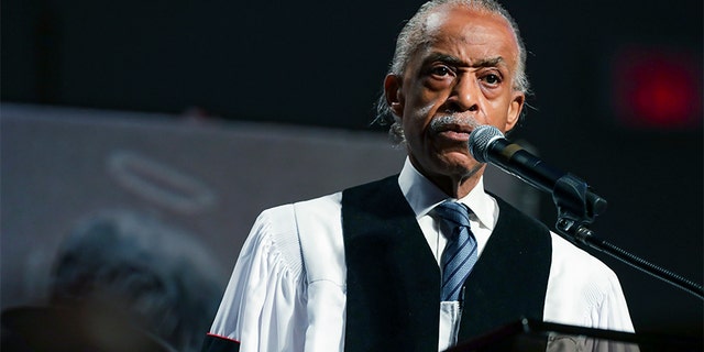 The Rev. Al Sharpton speaks during the funeral for George Floyd on Tuesday, June 9, 2020, at The Fountain of Praise church in Houston.
