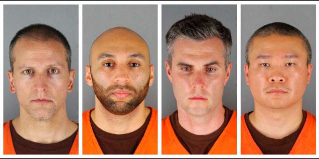 This combination of photos provided by the Hennepin County Sheriff's Office in Minnesota shows Derek Chauvin, from left, J. Alexander Kueng, Thomas Lane and Tou Thao. Chauvin is charged with second-degree murder of George Floyd, a black man who died after being restrained by him and the other Minneapolis police officers on May 25. Kueng, Lane and Thao have been charged with aiding and abetting Chauvin. (Hennepin County Sheriff's Office via AP)