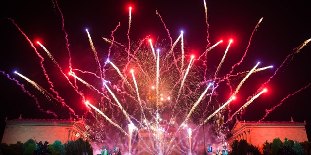 A view of fireworks over the Philadelphia Museum of the Art during Wawa Welcome America July 4th Concert at Benjamin Franklin Parkway on July 4, 2019 in Philadelphia, Pennsylvania.