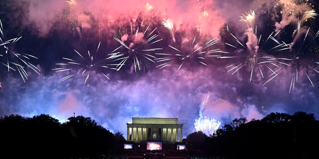 Fireworks explode over the Lincoln Memorial during the Fourth of July celebrations in Washington, DC, July 4, 2019. 