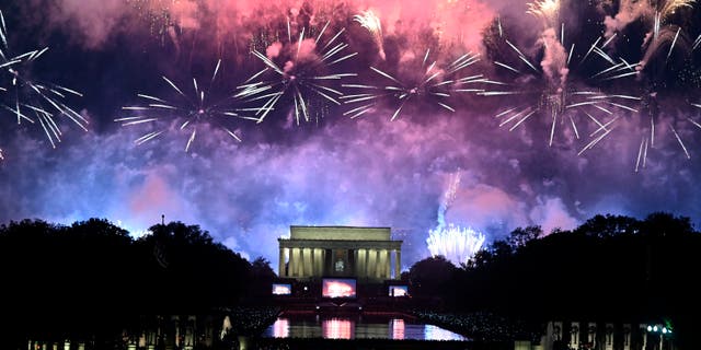 Fireworks explode over the Lincoln Memorial during the Fourth of July celebrations in Washington, DC, July 4, 2019.