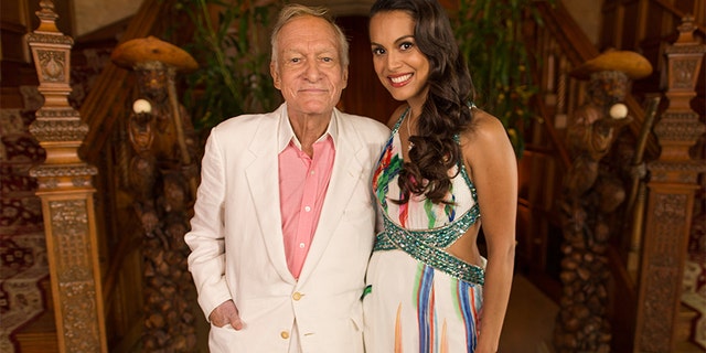 Hugh Hefner and 2013 Playmate Of The Year Raquel Pomplun pose for a portrait during Playboy's 2013 Playmate Of The Year luncheon at The Playboy Mansion on May 9, 2013, in Holmby Hills, Calif.