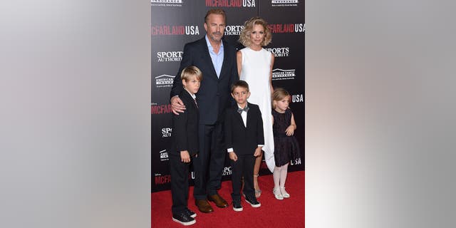 Actor Kevin Costner and wife Christine Baumgartner and their children, Grace Avery Costner, Hayes Logan Costner and Cayden Wyatt Costner, in 2015.