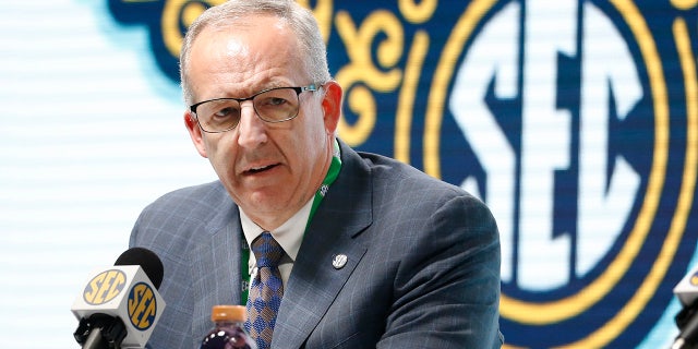 FILE - In this March 11, 2020, file photo, Southeastern Conference Commissioner Greg Sankey speaks at a press conference in Nashville, Tenn.