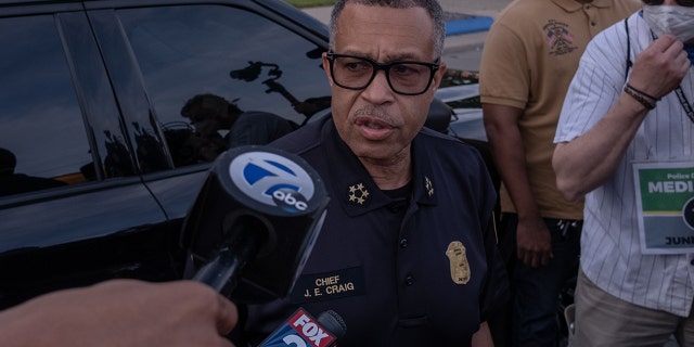 The Chief of Detroit Police James Craig speaks with the press about the protests taking place in Detroit, Michigan, June 3, 2020. (Photo by SETH HERALD / AFP) (Photo by SETH HERALD/AFP via Getty Images)