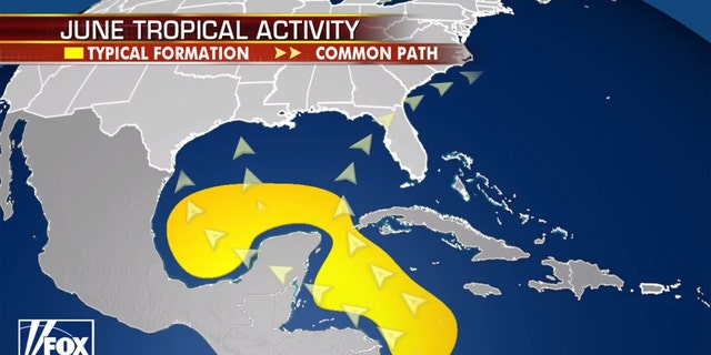 The area where tropical activity is likely in the month of June.