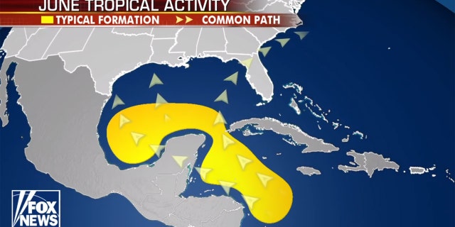 The area where tropical activity is likely in the month of June.