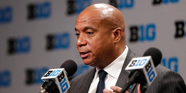 FILE - In this March 12, 2020, file photo, Big Ten Commissioner Kevin Warren addresses the media in Indianapolis after it was announced that the remainder of the Big Ten Conference men's basketball tournament had been canceled.  Warren, the first black commissioner of a Power Five conference, is creating a coalition to give the league's athletes a platform to voice their concerns about racism.  Warren announced Monday, June 1, 2020, the formation of the Big Ten Anti-Hate and Anti-Racism Coalition, with athletes, coaches, athletic directors and university chancellors and presidents.