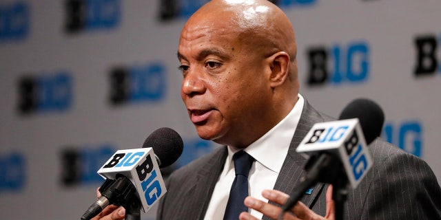 FILE - In this March 12, 2020, file photo, Big Ten Commissioner Kevin Warren addresses the media in Indianapolis after it was announced that the remainder of the Big Ten Conference men's basketball tournament had been canceled. Warren, the first black commissioner of a Power Five conference, is creating a coalition to give the league's athletes a platform to voice their concerns about racism. Warren announced Monday, June 1, 2020, the formation of the Big Ten Anti-Hate and Anti-Racism Coalition, with athletes, coaches, athletic director and university chancellors and presidents.