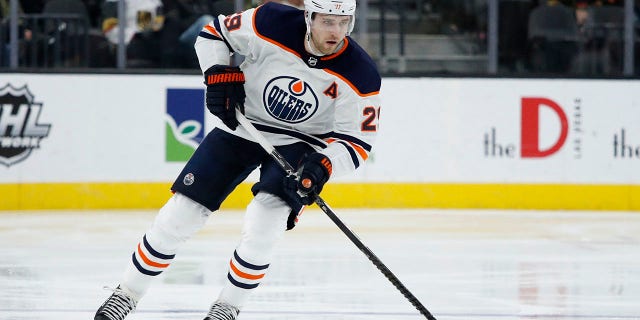 In this Feb. 26, 2020, file photo, Edmonton Oilers center Leon Draisaitl (29) plays against the Vegas Golden Knights in an NHL hockey game in Las Vegas. The Edmonton Oilers’ sudden resurgence placed Connor McDavid back in the NHL MVP conversation, along with teammate Leon Draisaitl. Colorado’s Nathan MacKinnon and Boston’s David Pastrnak made their case, too, during a pandemic-shortened season. And don’t forget New York Rangers' Artemi Panarin, a late entry in the discussion. (AP Photo/John Locher, File)