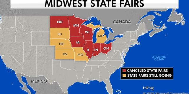 A map of Midwestern states that have opted to cancel their state fairs.