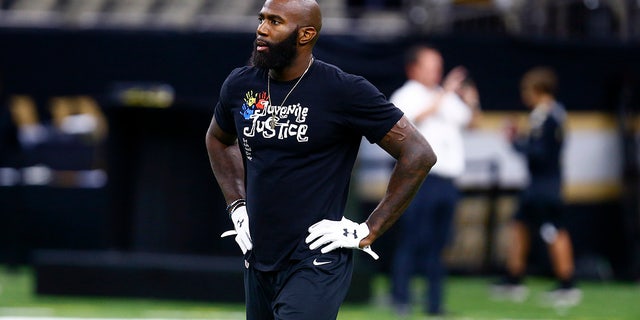 FILE - In this Nov. 18, 2018 photo, then-Philadelphia Eagles strong safety Malcolm Jenkins warms up before a game against the New Orleans Saints in New Orleans.