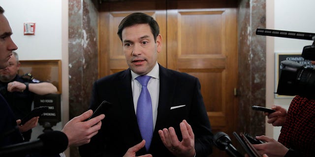 In this March 12, 2020, file photo, Sen. Marco Rubio, R-Fla., speaks to media on Capitol Hill in Washington, D.C. (AP Photo/Carolyn Kaster, File)