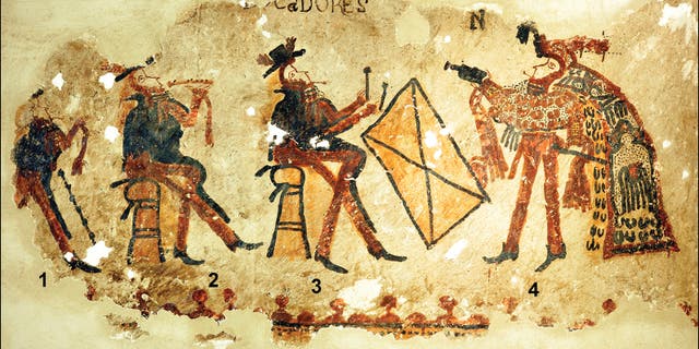 Part of the mural, featuring musicians dressed in European attire (three figures on the left) and a dancer in Maya dress (figure on the right)