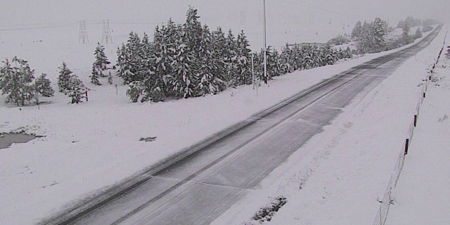 Snow falls along Interstate 15 near Elk Park, Montana on June 8, 2020.