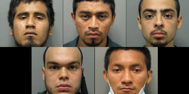 Mugshots for Top Left: Victor Alfonso Cruz-Orellana Top Middle: Carlos Andres Orellana Top Right: Daniel E. Huezo Landaverde Bottom Left: Oscar Effrain Zavala-Urrea Bottom Right: Romeo Almengor Oxlaj-Lopez. Police accued the MS-13 members of participating in a man's May 26 ambush murder in Maryland.