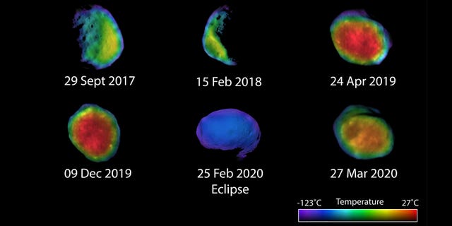 Six views of the Martian moon Phobos captured by NASA's Odyssey orbiter as of March 2020. The orbiter's THEMIS camera is used to measure temperature variations that suggest what kind of material the moon is made of. (Credit: NASA/JPL-Caltech/ASU/NAU)