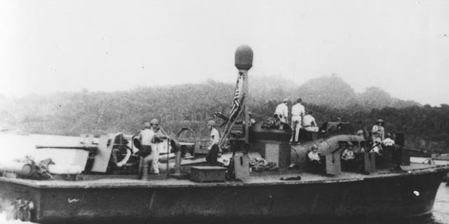 View of motor torpedo boat PT 59 during its World War II service in the Solomon Islands, early to mid 1940s. The boat was famously commanded by the-future US President John F. Kennedy as his second command after PT 109.
