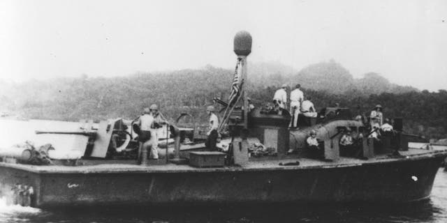 View of motor torpedo boat PT 59 during its World War II service in the Solomon Islands, early to mid 1940s. The boat was famously commanded by the-future US President John F. Kennedy as his second command after PT 109.