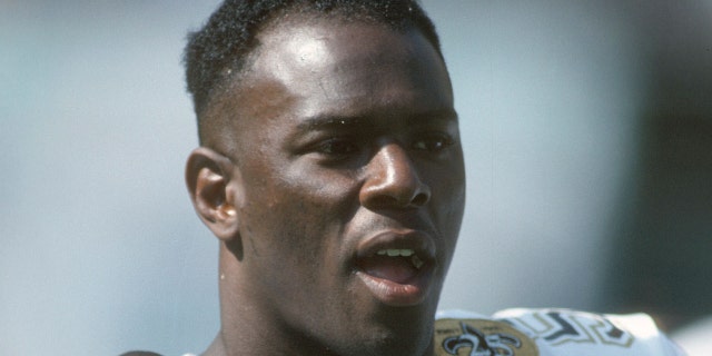 Pat Swilling #56 of the New Orleans Saints looks on against the Kansas City Chiefs during an NFL Football game Sept. 8, 1991 at Arrowhead Stadium in Kansas City, Missouri. Swilling played for the Saints from 1986-92. (Photo by Focus on Sport/Getty Images)