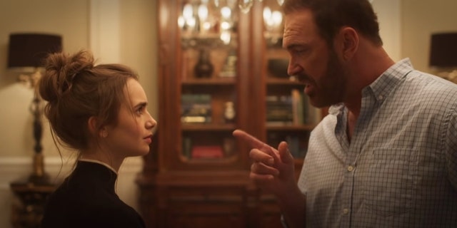 Actress Lily Collins and Patrick Warburton in a scene from 'Inheritance.'
