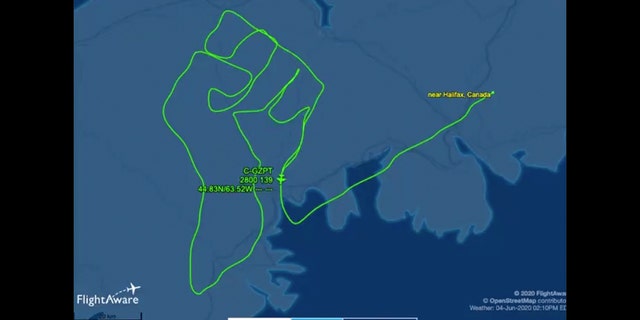 A Canadian pilot sent love from above by drawing a raised fist with his plane’s flight path to honor the late George Floyd and denounce racism.