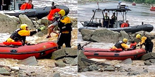 Four children were among the 12 people who were rescued from the rocks along the Potomac River on Saturday by rapidly rising waters.