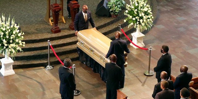 The body of Rayshard Brooks arriving for his funeral at Ebenezer Baptist Church on Tuesday. (Curtis Compton/Atlanta Journal-Constitution via AP, Pool)