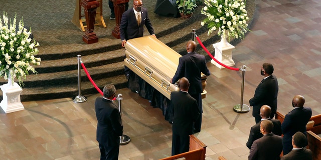 The body of Rayshard Brooks arriving for his funeral at Ebenezer Baptist Church on Tuesday. (Curtis Compton/Atlanta Journal-Constitution via AP, Pool)