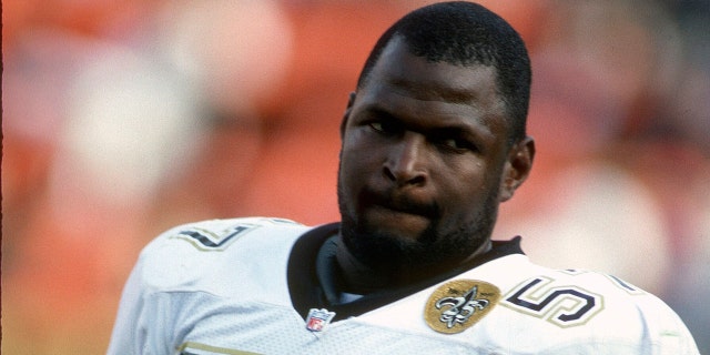 Rickey Jackson #57 of the New Orleans Saints looks on against the San Francisco 49ers during an NFL Football game Dec. 1, 1991 at Candlestick Park in San Francisco, California. Jackson played for the Saints from 1981-93. (Photo by Focus on Sport/Getty Images)