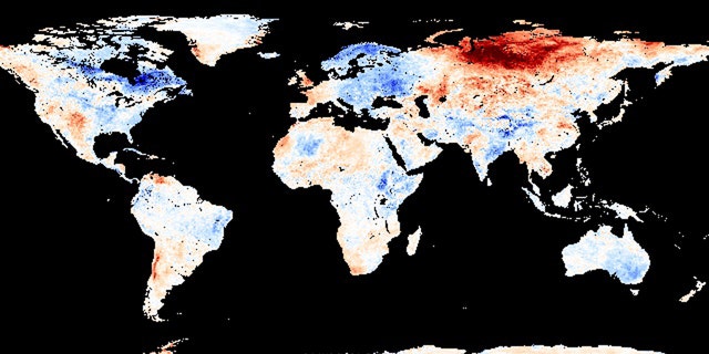 A global map showing places that are warmer (red) or cooler (blue) in May 2020 based on long-term averages. Much of Russia has seen above-normal temperatures since May.