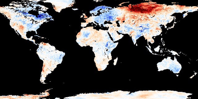 A global map showing places that are warmer (red) or cooler (blue) in May 2020 based on long-term averages. Much of Russia has seen above-normal temperatures since May.