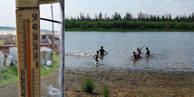 In this handout photo provided by Olga Burtseva, an outside thermometer shows 86 F around 11 p.m in Verkhoyansk, the Sakha Republic, about 2900 miles northeast of Moscow, Russia, June 21. A Siberian town that endures the world's widest temperature range has recorded a new high amid a hear wave that is contributing to severe forest fires.