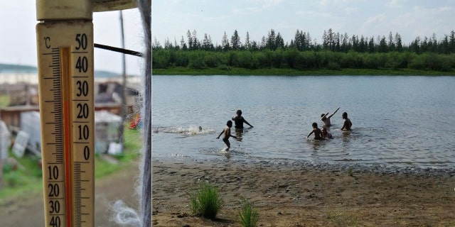 In this handout photo provided by Olga Burtseva, an outside thermometer shows 86 F around 11 p.m in Verkhoyansk, the Sakha Republic, about 2900 miles northeast of Moscow, Russia, Sunday, June 21, 2020. A Siberian town that endures the world's widest temperature range has recorded a new high amid a hear wave that is contributing to severe forest fires.