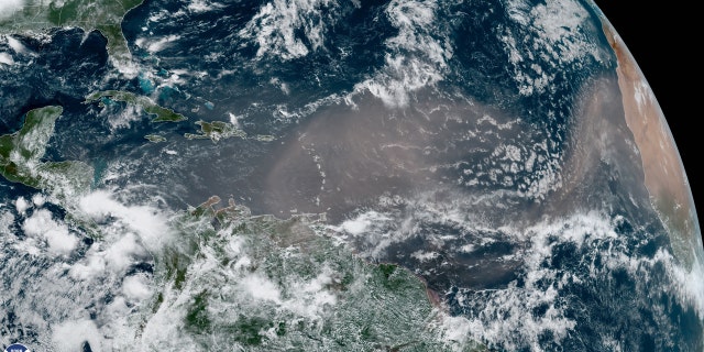 A large plume of Saharan dust is seen reaching the eastern Caribbean on June 21, 2020.
