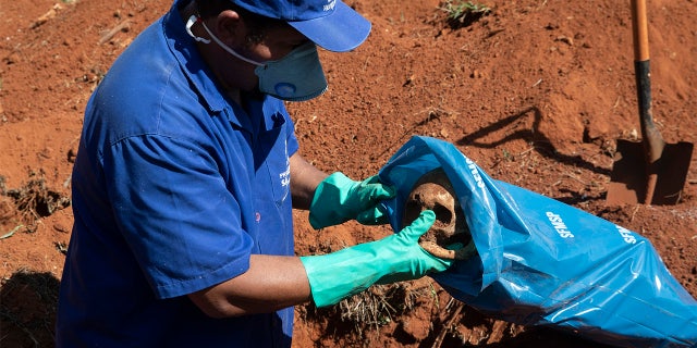 A cemetery worker puts a cranium into a bag while exhuming the body of a person buried three years ago at the Vila Formosa cemetery, which does not charge families for the gravesites, in Sao Paulo, Brazil, Friday, June 12, 2020. Three years after burials, remains are routinely exhumated and stored in plastic bags to make room for more burials, which have increased amid the new coronavirus. (AP Photo/Andre Penner)