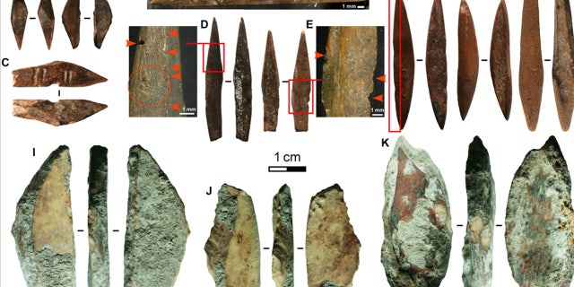 Fig. 2 Pointed bone technologies of Fa-Hien Lena. Bone projectile points (A to H) and scrapers (I to K) from Fa-Hien Lena. (A and B) Geometric bipoints, with (B) coming from phase D context 146; (C and F) hilted bipoint, red arrows indicate cut notches; (D and E) hilted unipoints, red arrows and red circle indicate wear indicating fixed hafting; (G and H) symmetrical bipoints. (Science Advances)