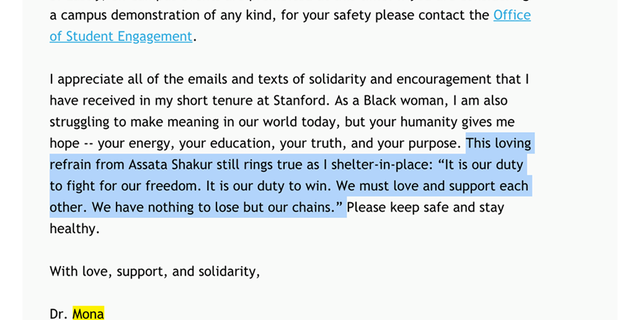 A screenshot of a June 1 email from Mona Hicks, Stanford University's senior associate vice provost and dean of students, to all students in the wake of George Floyd's death.