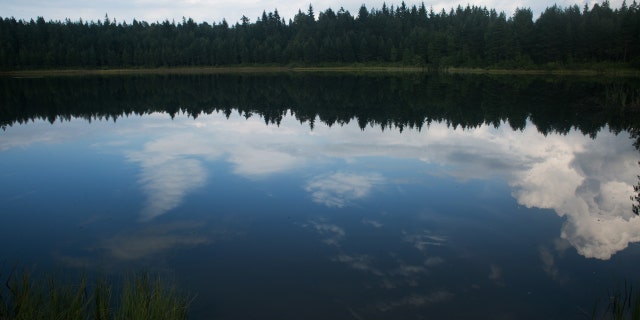 A lake in the sprawling forests of Smaland reflects the sky above in southern Sweden on Aug. 4, 2016.