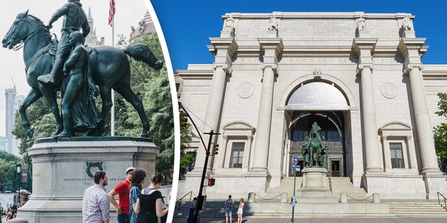 New York, USA - June 2, 2018: People next to Theodore Roosevelt statue by The American Museum of Natural History in Manhattan, New York, one of the largest museums in the world.