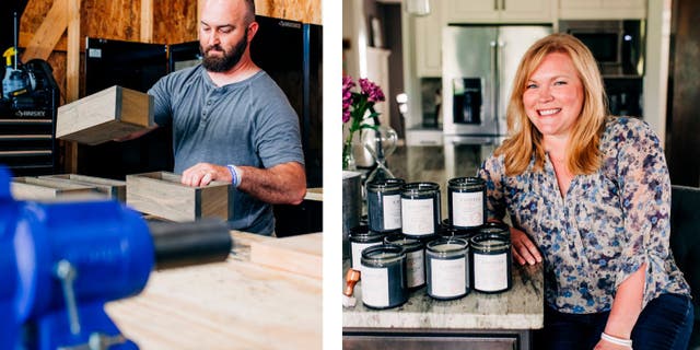 Tim Smith, left, works for R. Riveter as a product developer from his Ohio home. The 36-year-old was forced to retire as a fireman after he was diagnosed with lung cancer in 2018. His wife, Brittany, right, also works part-time for the company, helping to produce a new line of handmade candles.