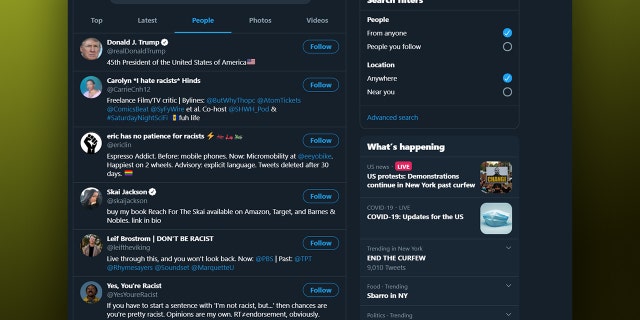 A screen shot showing Twitter search results for "racist."