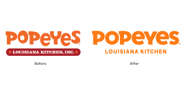 The “more matured logo,” ditches the iconic red “Louisiana Kitchen, Inc.” lettering at the bottom and has uniform spacing between characters.