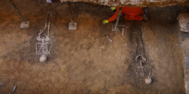 An archaeologist works in an excavation carried out by the Hispano-Irish Association in a ruined chapel in Valladolid - May 28, 2020.