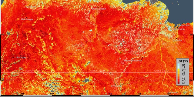 This photo taken on June 19, and provided by ECMWF Copernicus Climate Change Service shows the land surface temperature in the Siberia region of Russia.